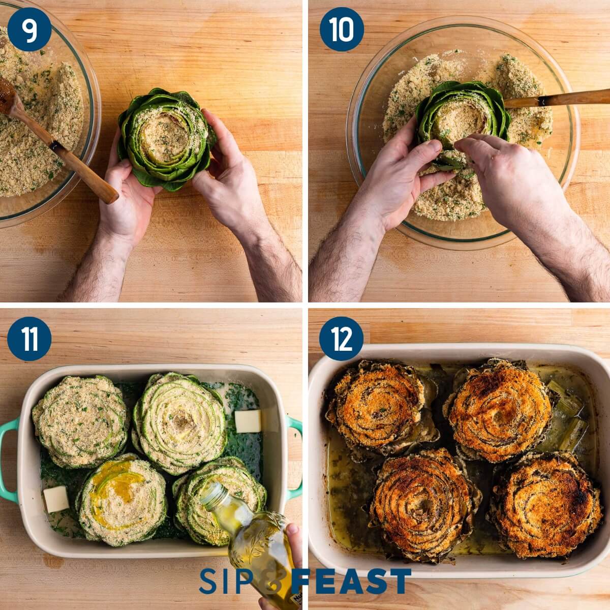 Collage three showing stuffing the middle of artichoke, pulling the leaves apart and stuffing, placing stuffed artichokes in baking dish and drizzling with olive oil, and the finished dish.