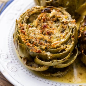 Plate with Italian stuffed artichoke.
