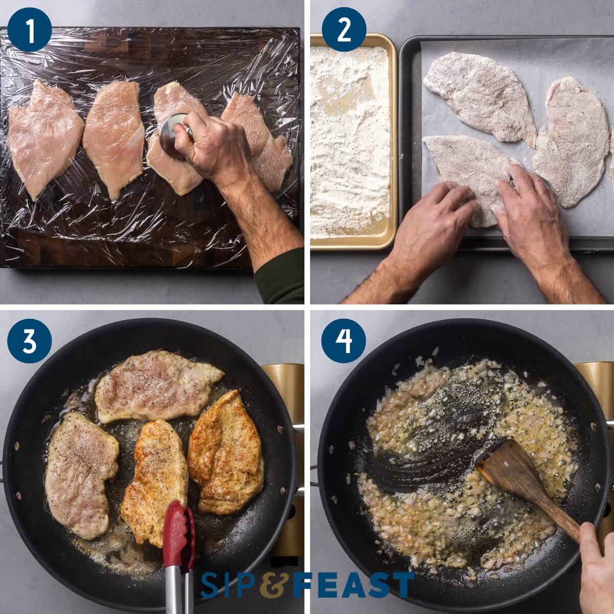 Recipe process shot collage group one showing pounding the chicken breasts flat, dredging the chicken in flour, searing the chicken in butter and olive oil, and sauteing shallots in pan.
