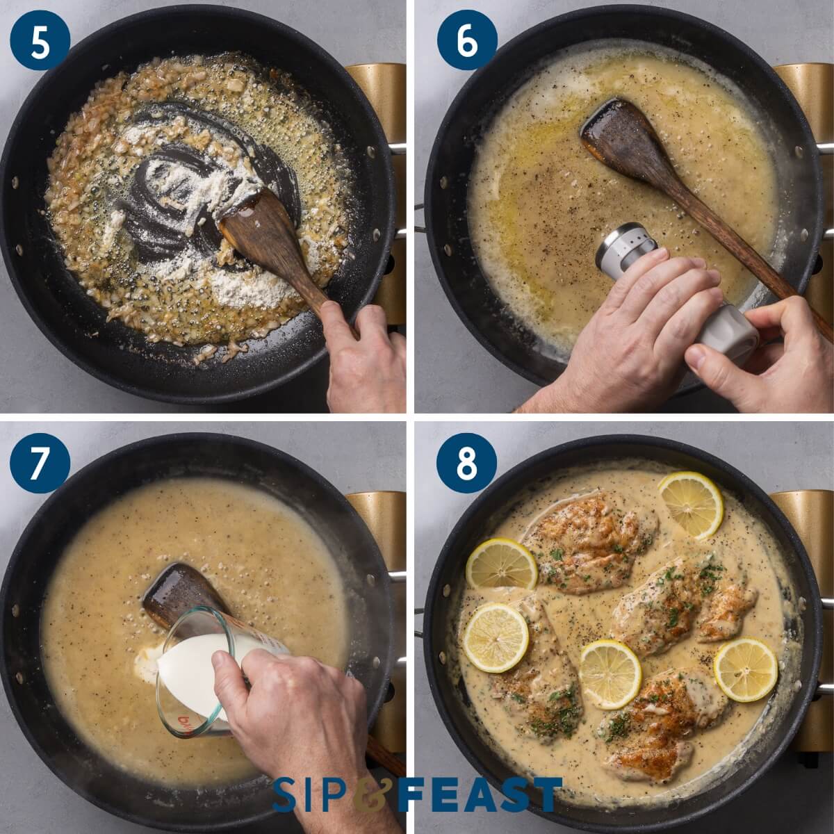 Collage two showing adding flour to the pan, seasoning the sauce with pepper, adding the cream, and adding the chicken back to the sauce.