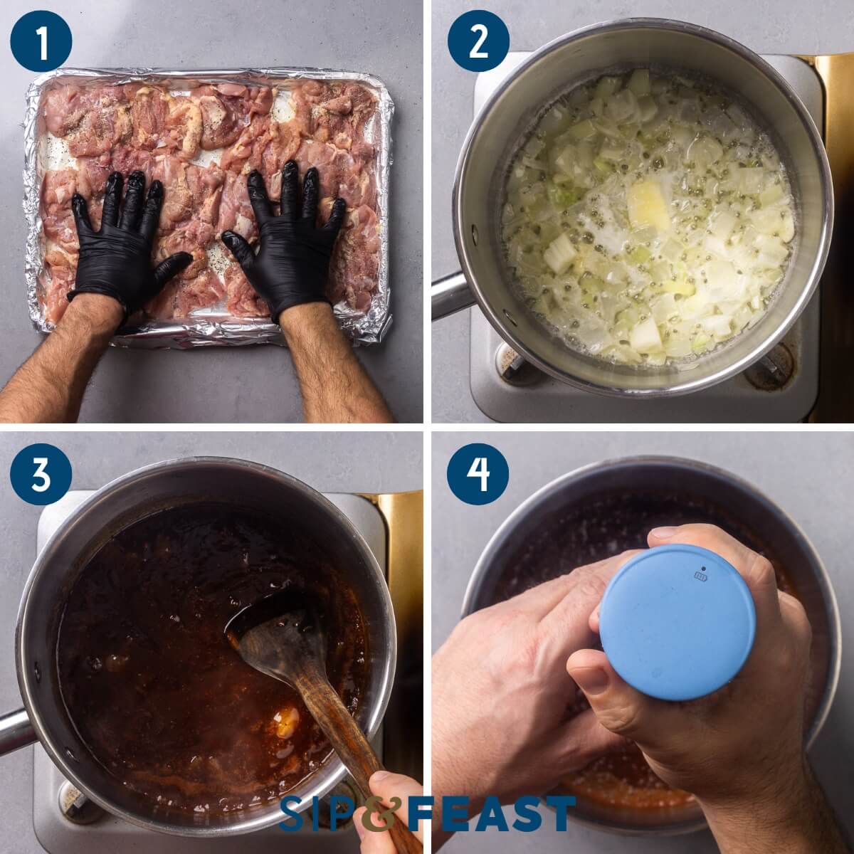 Recipe process shot collage group one showing seasoning the chicken thighs on baking sheet, sauteing the onion, mixing the bbq sauce, and blending the bbq sauce with an immersion blender.
