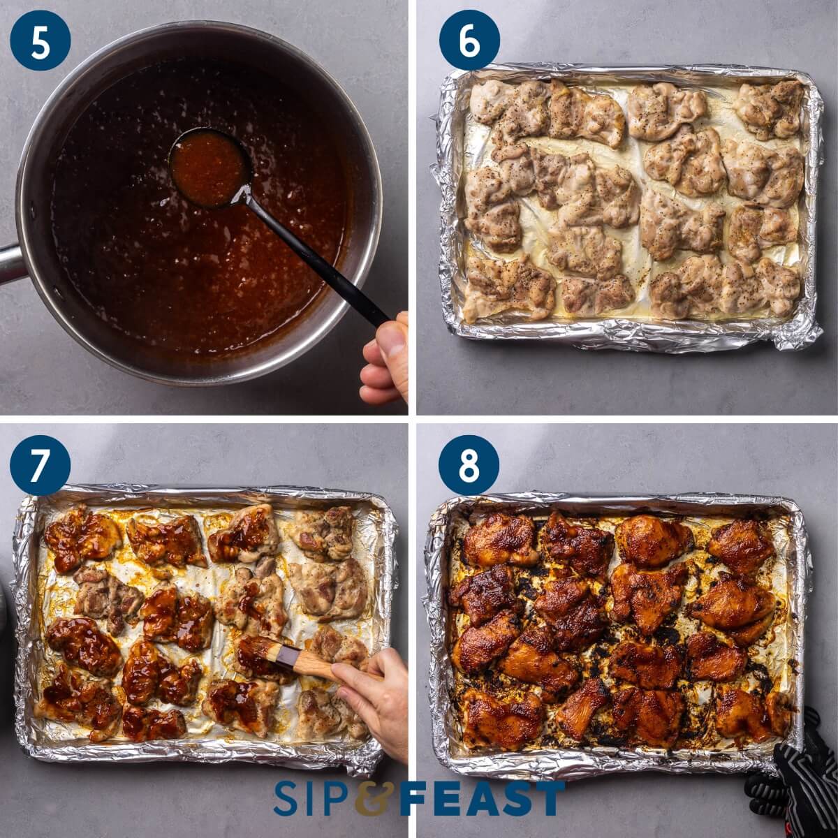 Collage two showing testing the sauce, the partially baked chicken thighs, spreading the bbq sauce onto the baked chicken thighs, and the finished caramelized thighs.