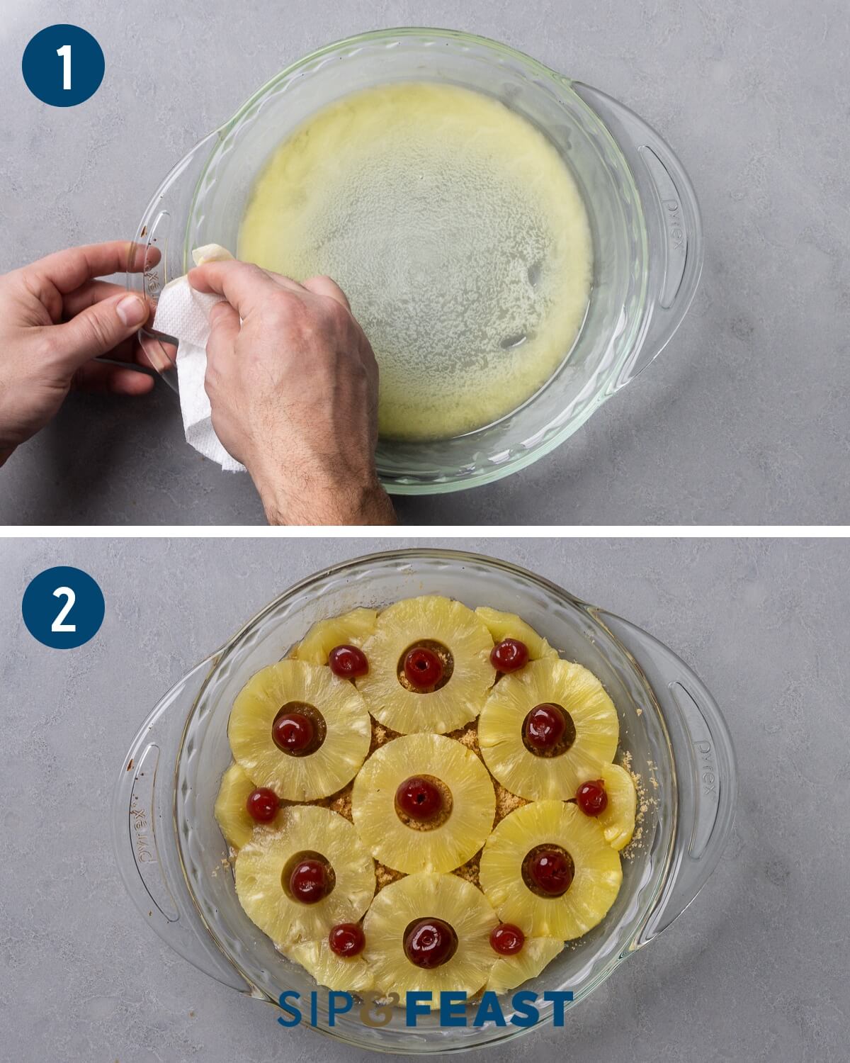 Recipe process shot collage group one showing pouring melted butter into baking dish and placing the pineapples and cherries on top of brown sugar.