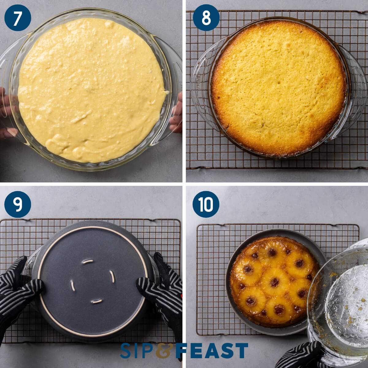 Collage three showing the poured batter in pie dish, the baked cake resting on wire rack, and flipping the cake into a dish.
