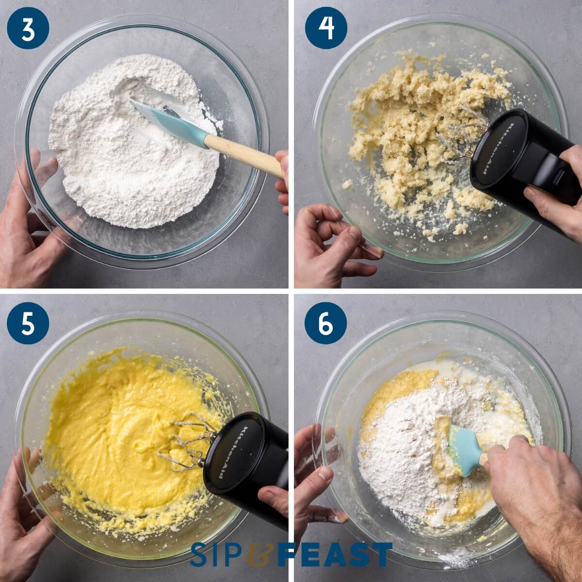 Collage two showing mixing the dry ingredients, creaming the butter, mixing the cake batter, and folding the flour into the batter.