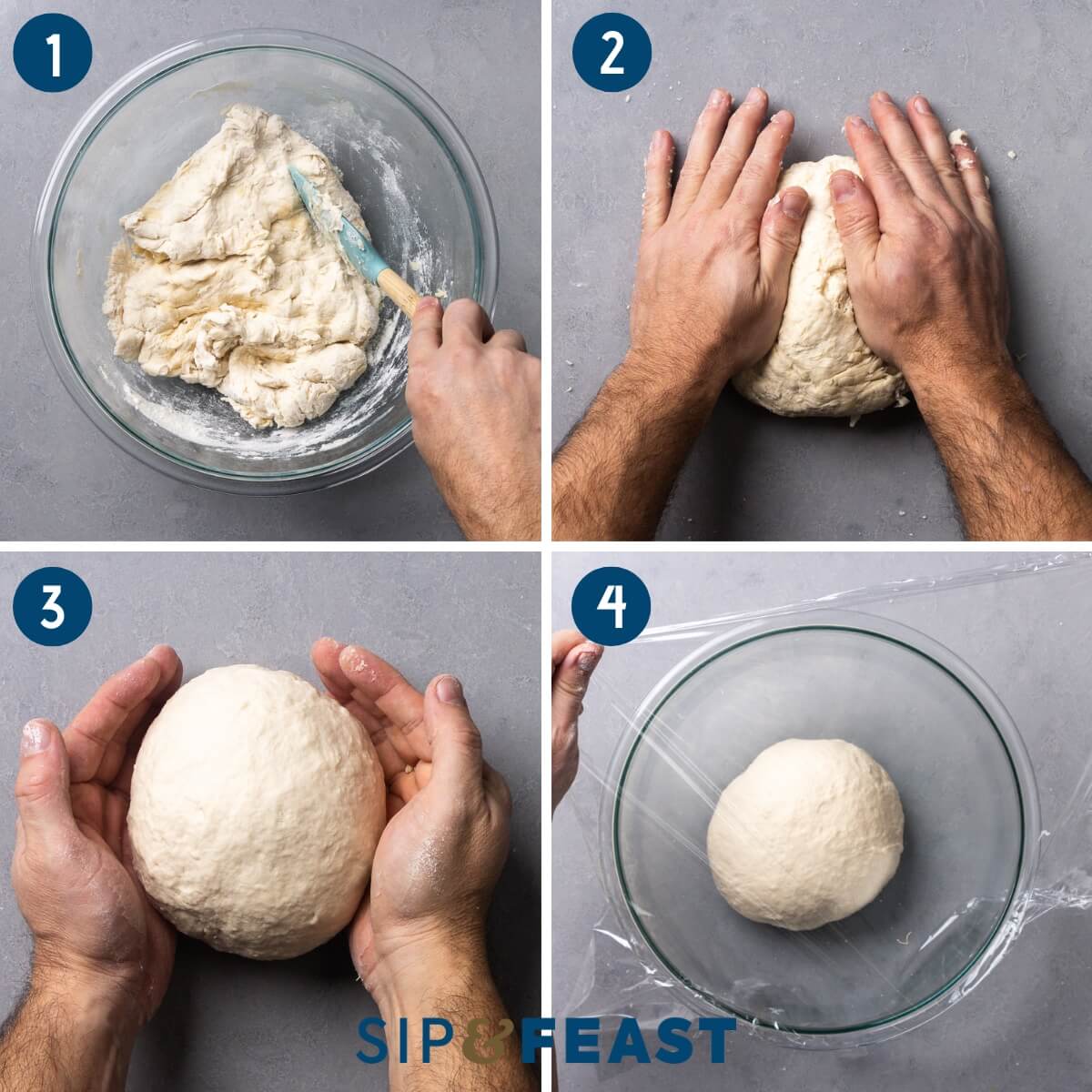 Recipe process shot collage group one showing mixing the dough, kneading dough, balling dough, and covering dough in oiled bowl.
