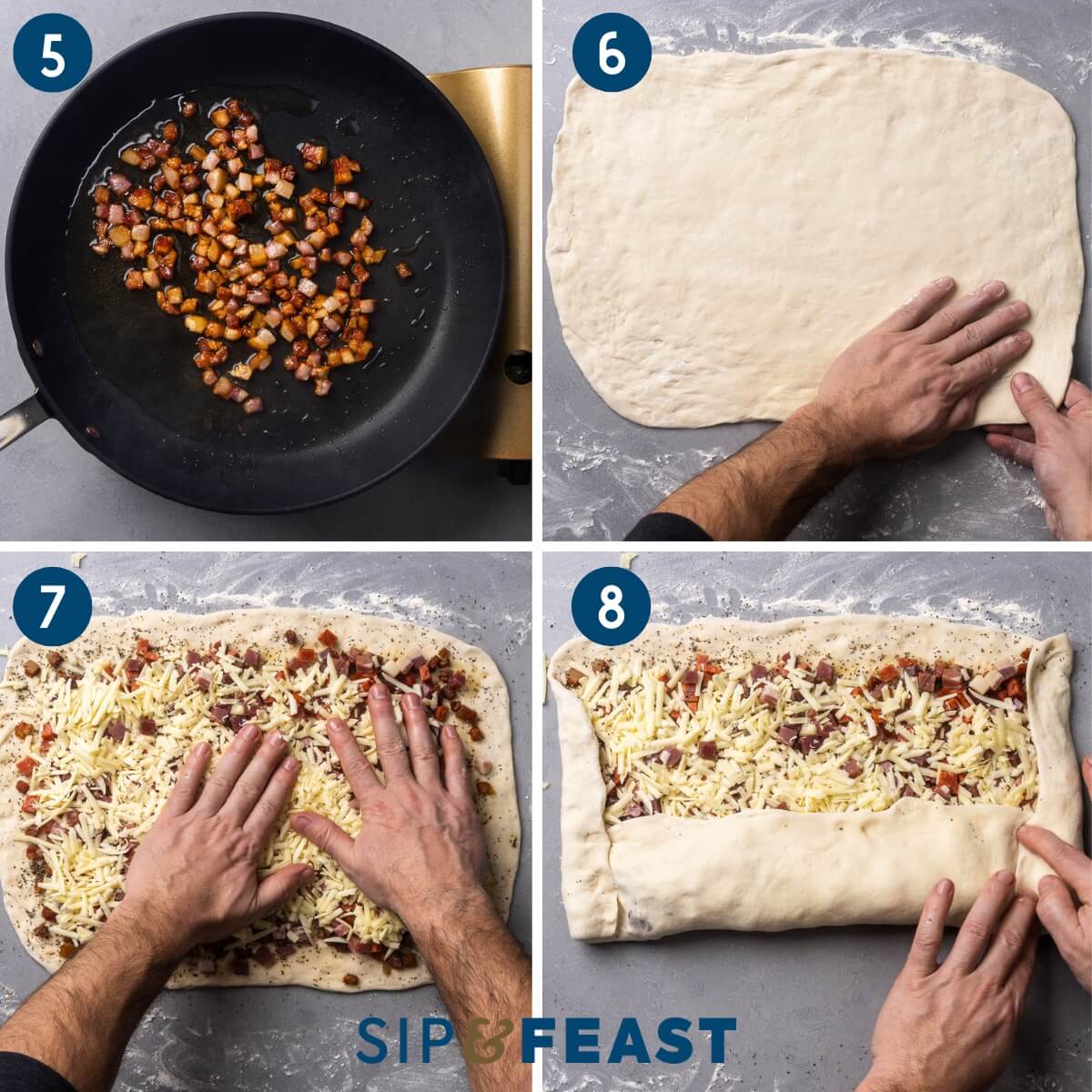 Collage two showing sauteing pancetta, stretching dough into rectangle, placing cured meats and cheese onto the dough, and rolling the dough.