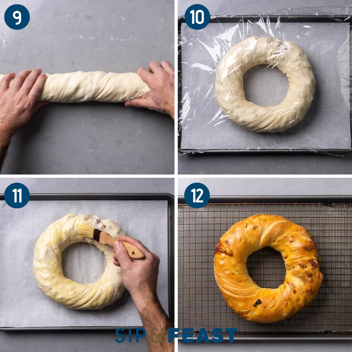Collage three showing twisting the dough, placing the formed wreath onto a baking sheet and covering with plastic wrap, brushing eggwash onto dough, and the baked prosciutto bread on a wire rack.