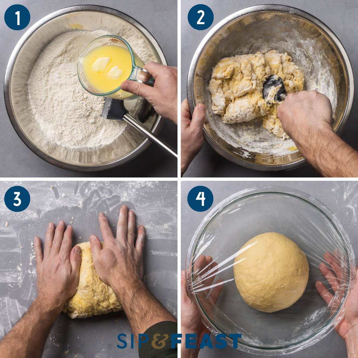 Recipe process shot collage group one showing pouring warm milk and butter into dry ingredients, mixing the dough, kneading the dough, and placing the dough ball into bowl covered with plastic wrap.