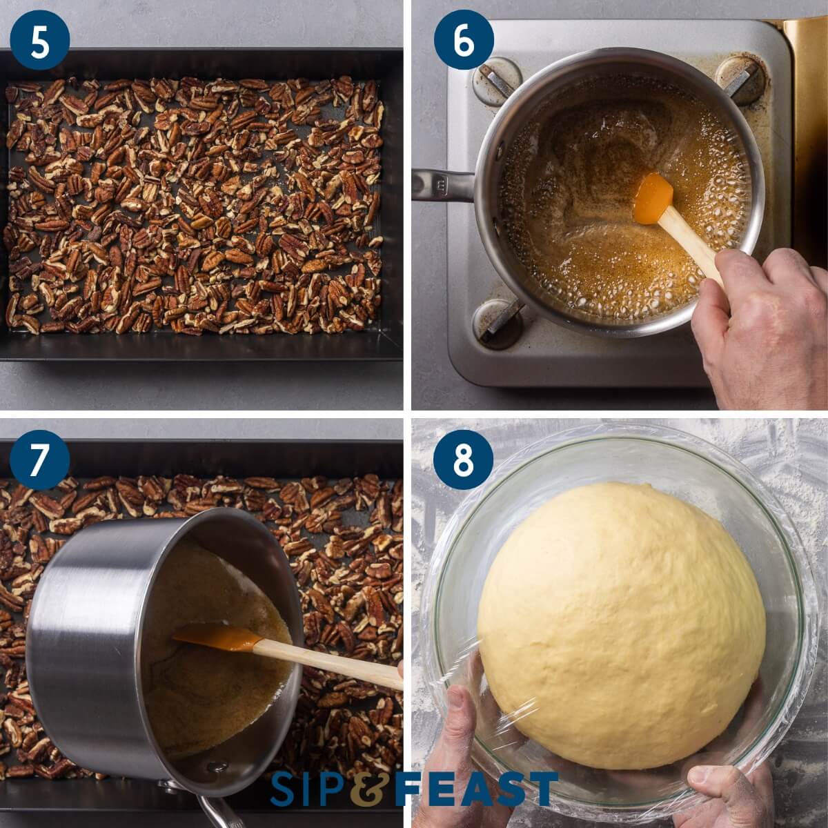 Collage two showing adding the chopped pecans to bottom of baking pan, heating the sugar syrup, pouring the syrup onto the pecans, and holding the proofed dough ball.