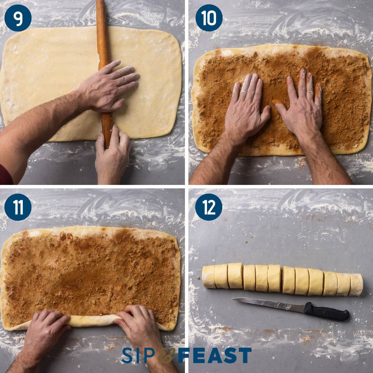 Collage three showing rolling the dough ball into a rectangle, spreading the brown sugar and cinnamon onto the dough, rolling the dough into a tight log, and cutting the log into 12 pieces.