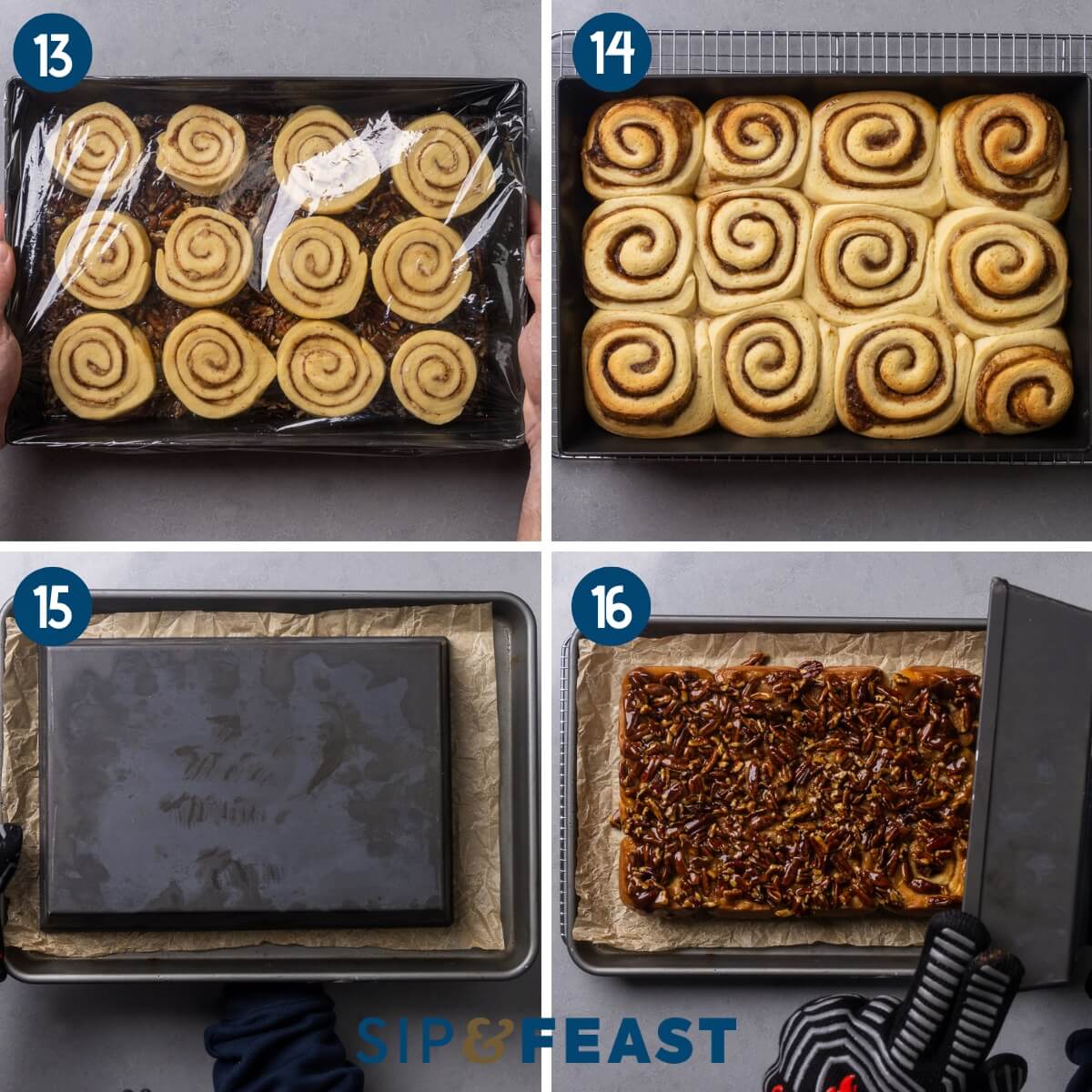 Collage four showing placing the cut rolls into baking pan and covering, the baked buns, and inverting the pan and flipping the sticky buns onto a baking sheet.
