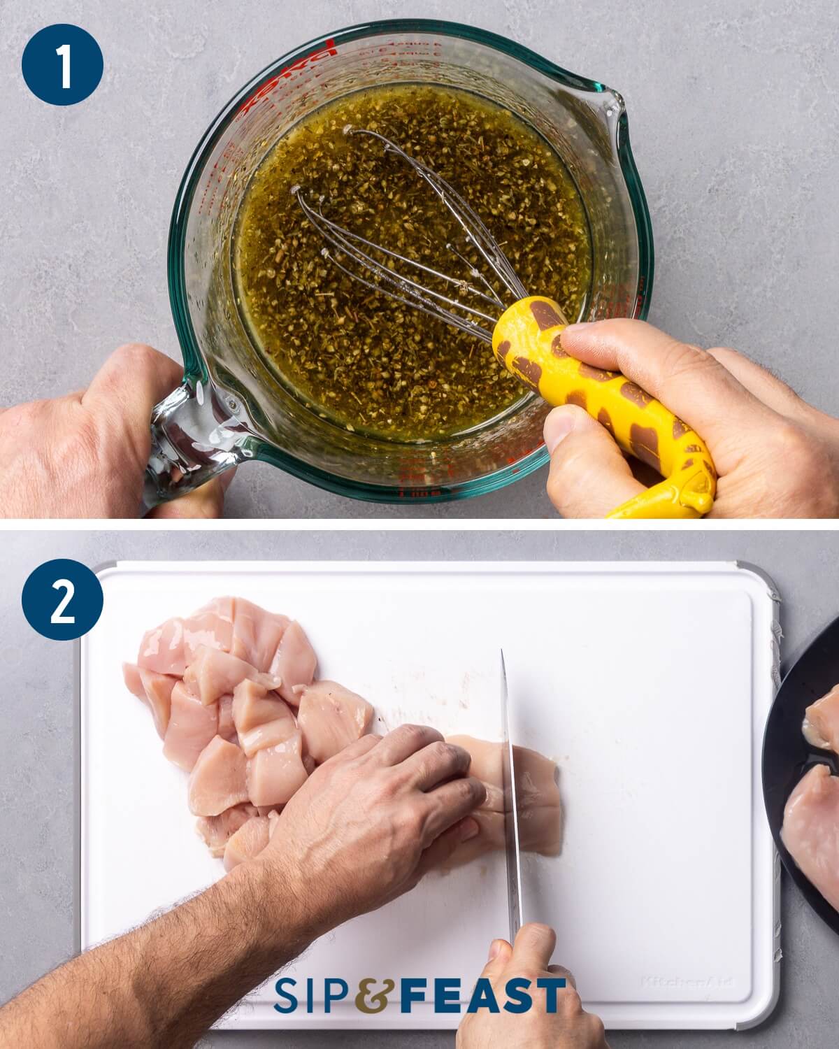 Recipe process shot collage group one showing mixing of the marinade and cutting chicken breasts into chunks.