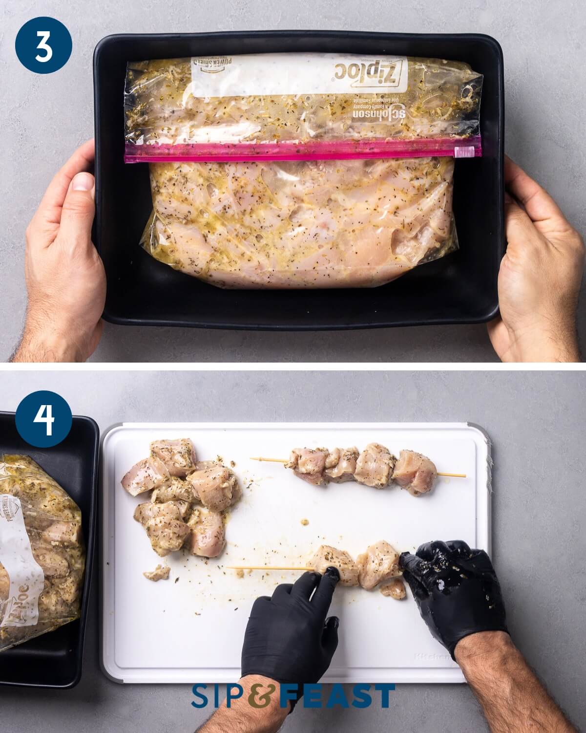 Collage two showing marinating the chicken and skewering the chicken.