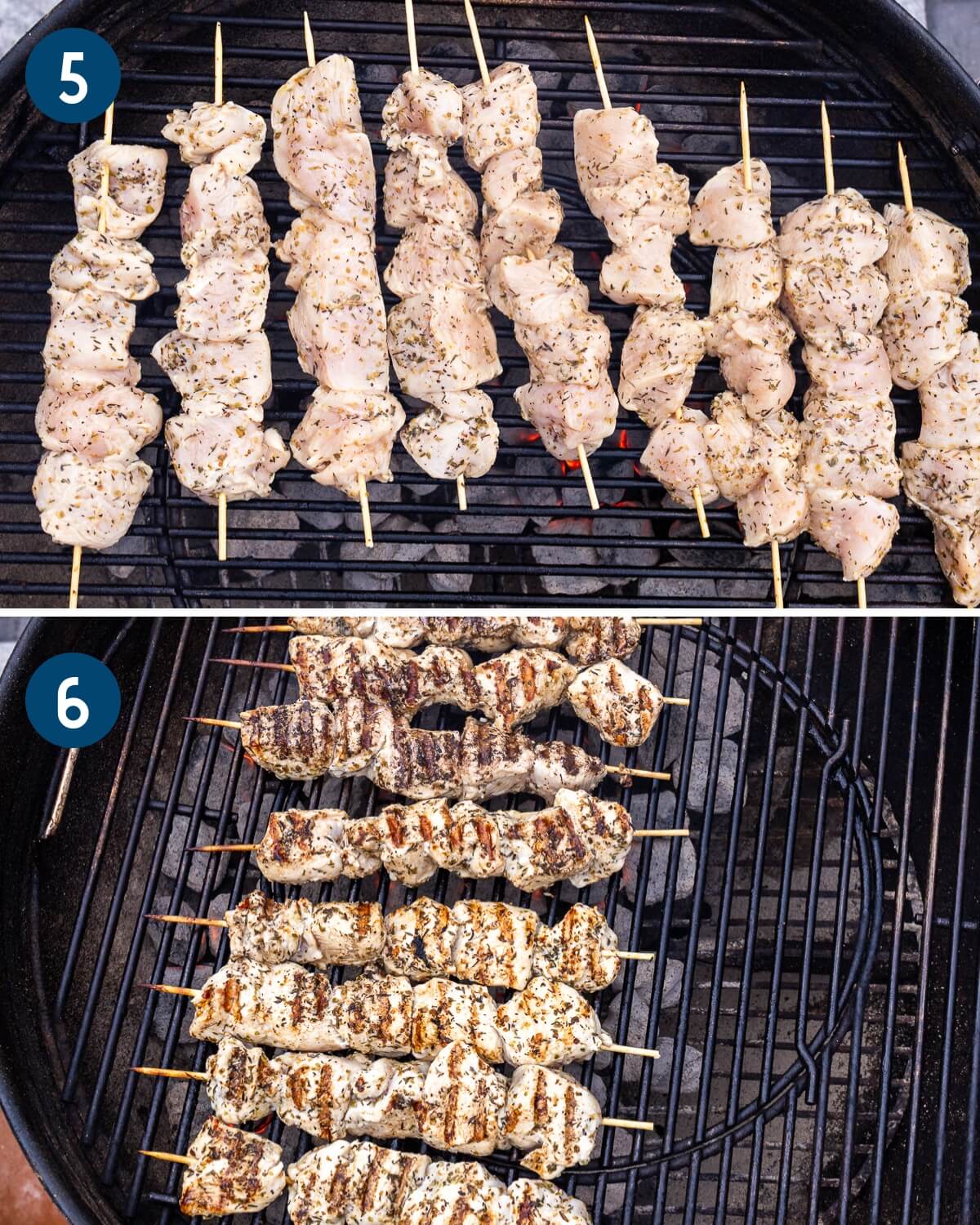 Collage three showing grilling the chicken souvlaki.