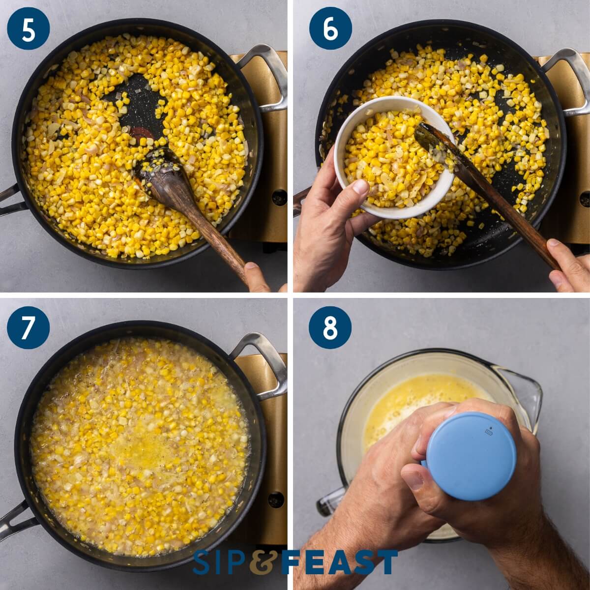 Collage two showing sauteing the corn kernels, removing half of the kernels to a bowl, adding stock and wine to the corn, and pureeing the corn.