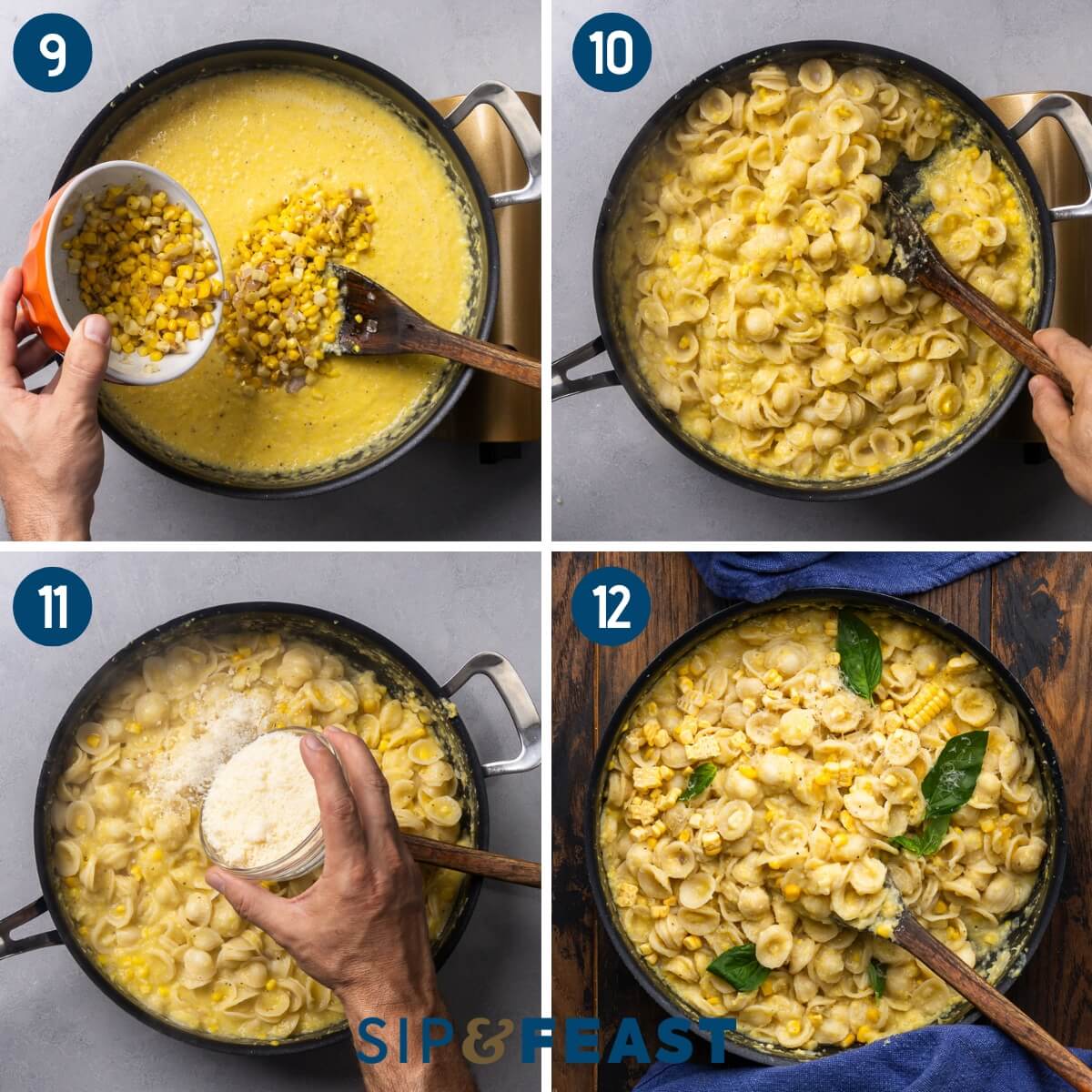 Collage three showing returning the saved whole kernels to the sauce, mixing in the pasta, adding the grated parmesan, and the finished dish topped with basil leaves.