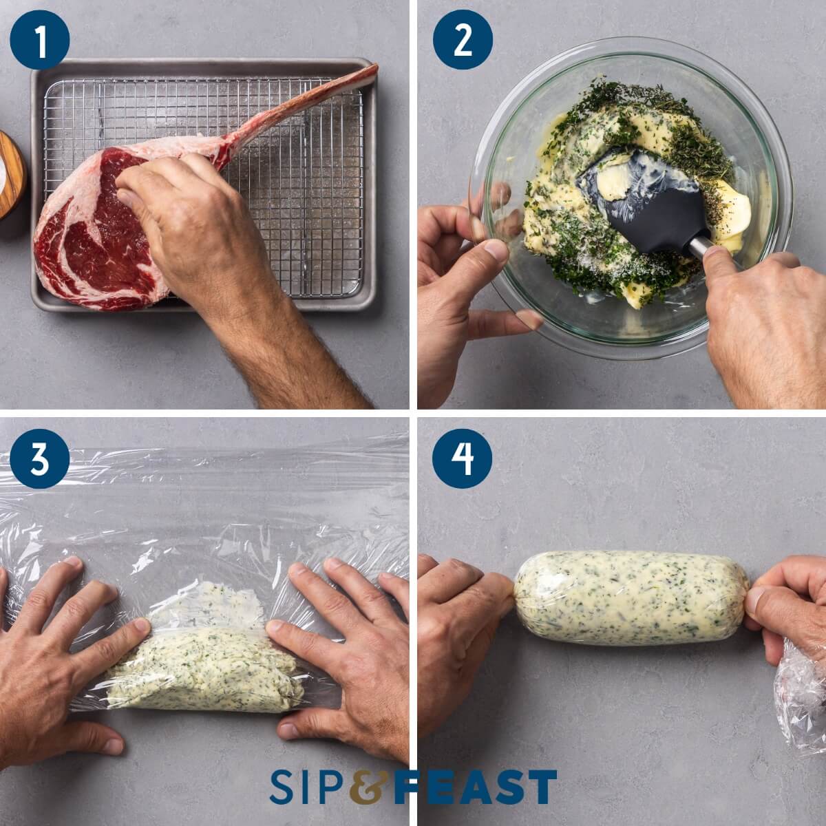 Recipe process shot collage group one showing salting the tomahawk steak, mixing herbs into butter, and rolling the compound butter in plastic wrap.