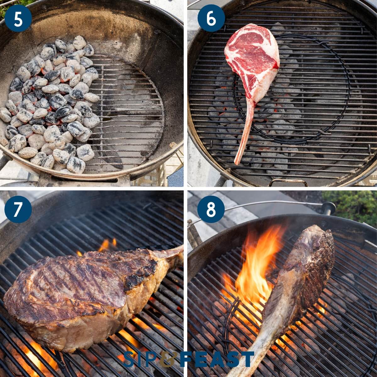 Collage two showing preparing the grill for direct and indirect cooking, grilling the steak, and grilling the narrow sides of the steak.