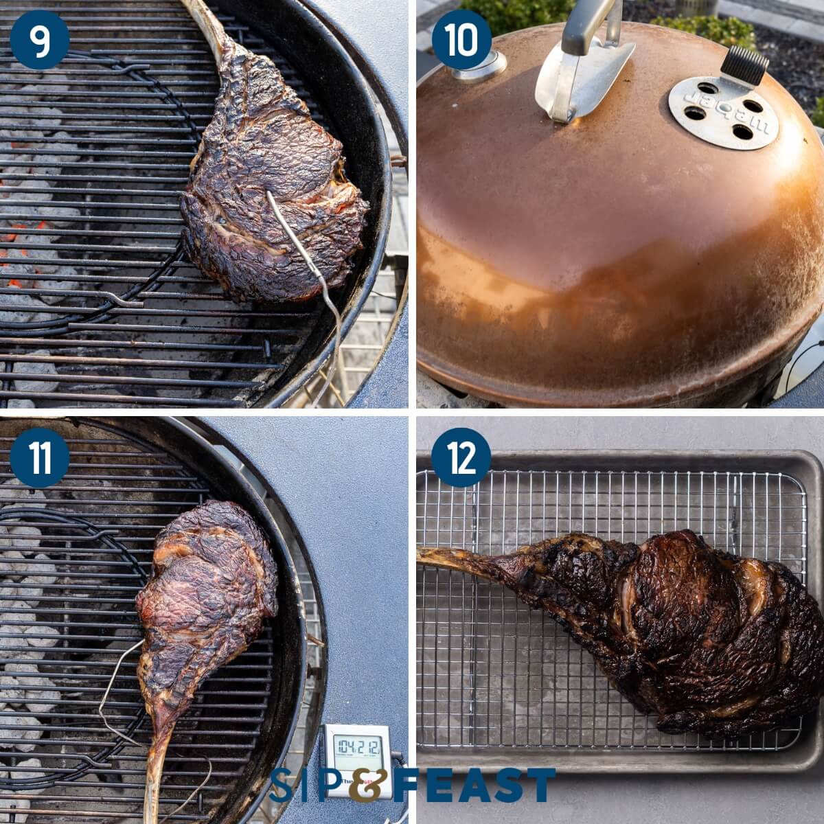 Collage three showing probing the steak for indirect cooking, covering the grill with lid, and the finished steak.