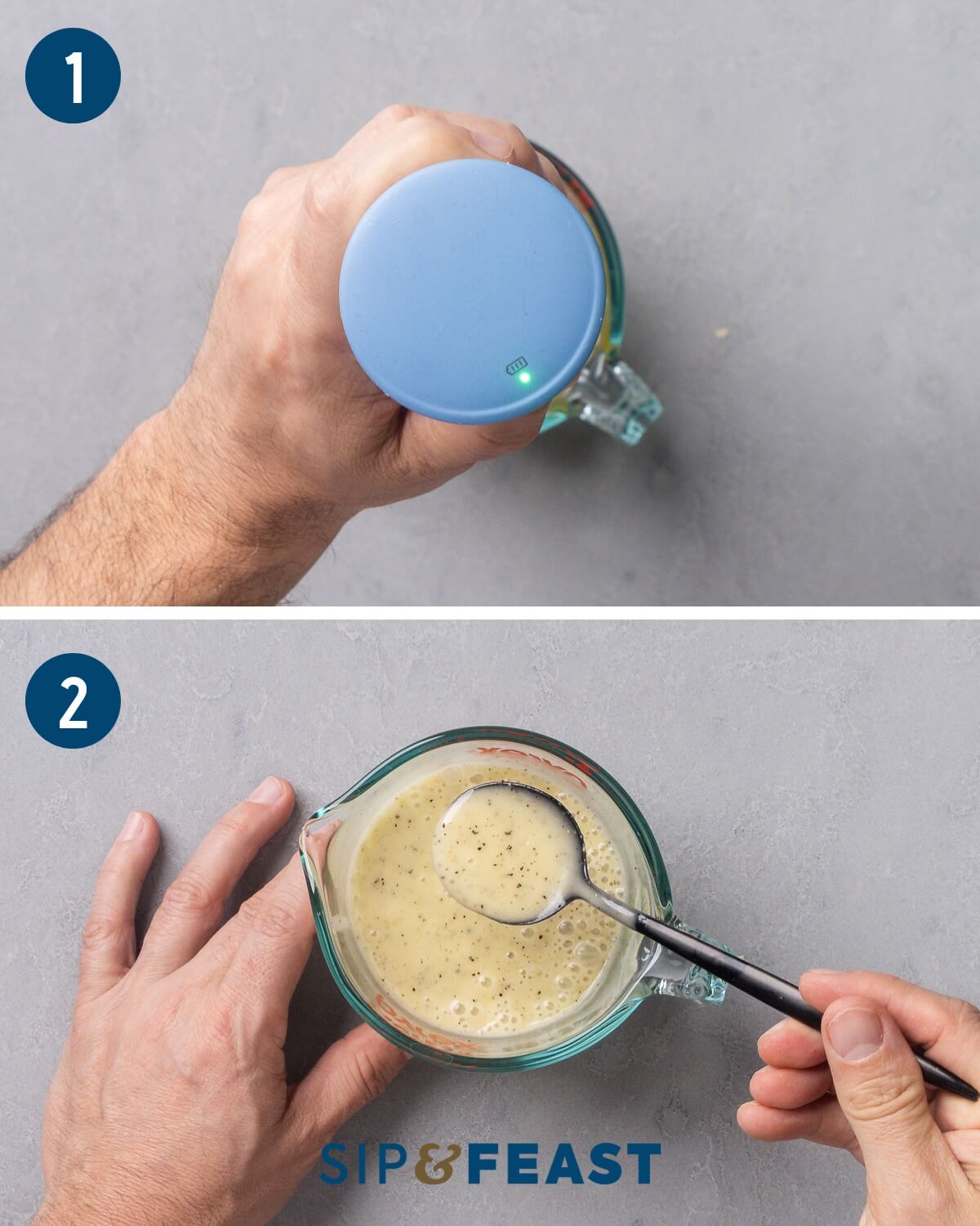 Recipe process shot collage group one showing blending the marinade.