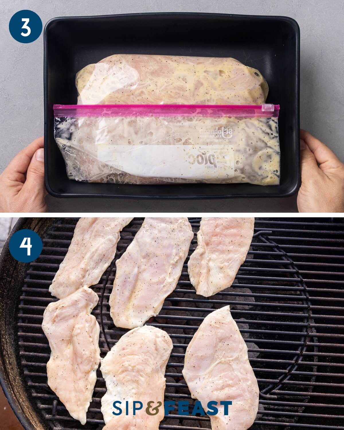 Recipe collage two showing placing the chicken and marinade in a sealable bag and grilling the chicken on a charcoal grill.