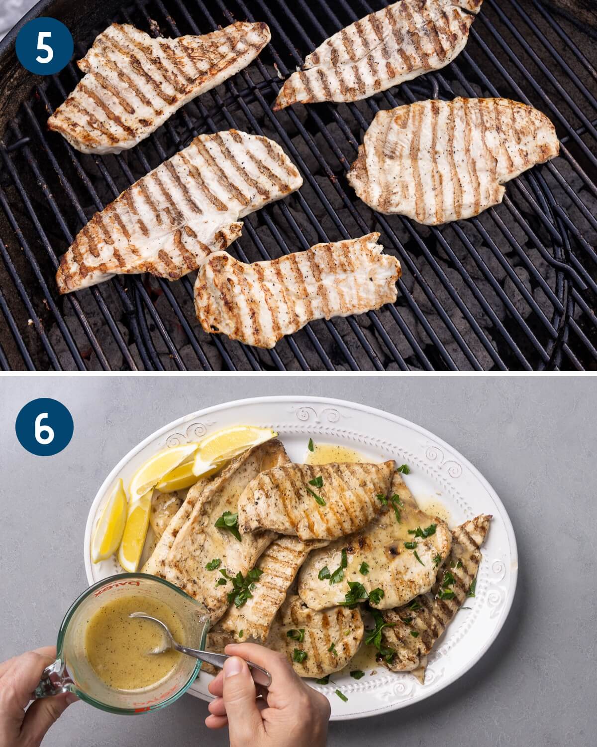 Recipe collage three showing grilling the chicken and spooning some of the reserved marinade over the finished grilled chicken.