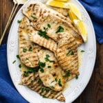 Platter of marinated grilled chicken topped with parsley and served with lemon wedges.