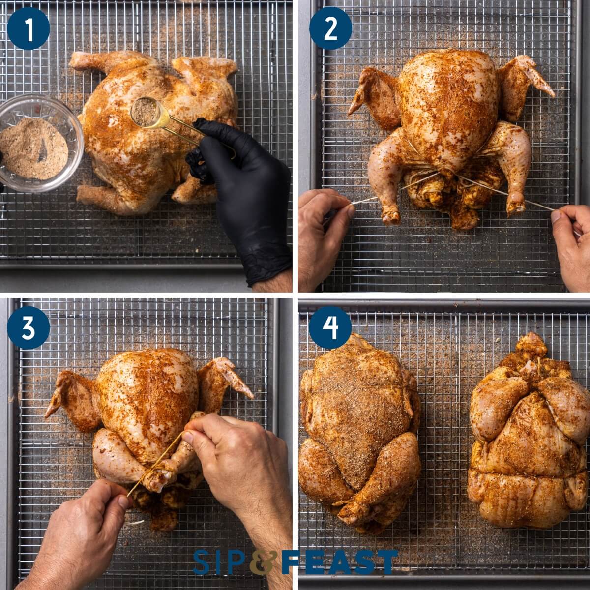 Recipe process shot collage group one showing seasoning the whole chicken with spice rub, trussing the chicken, and placing the chicken on a wire rack.