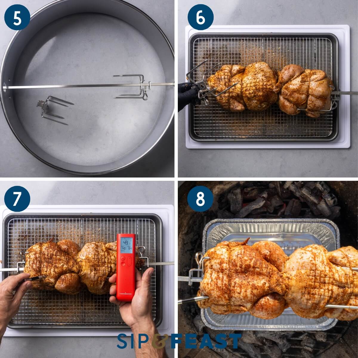 Collage two showing the Only Fire Weber attachment ring and rod with prongs, sliding the chickens onto the rod, placing the wireless thermometer probe into the breast meat, and the chicken roasting over the rotisserie.