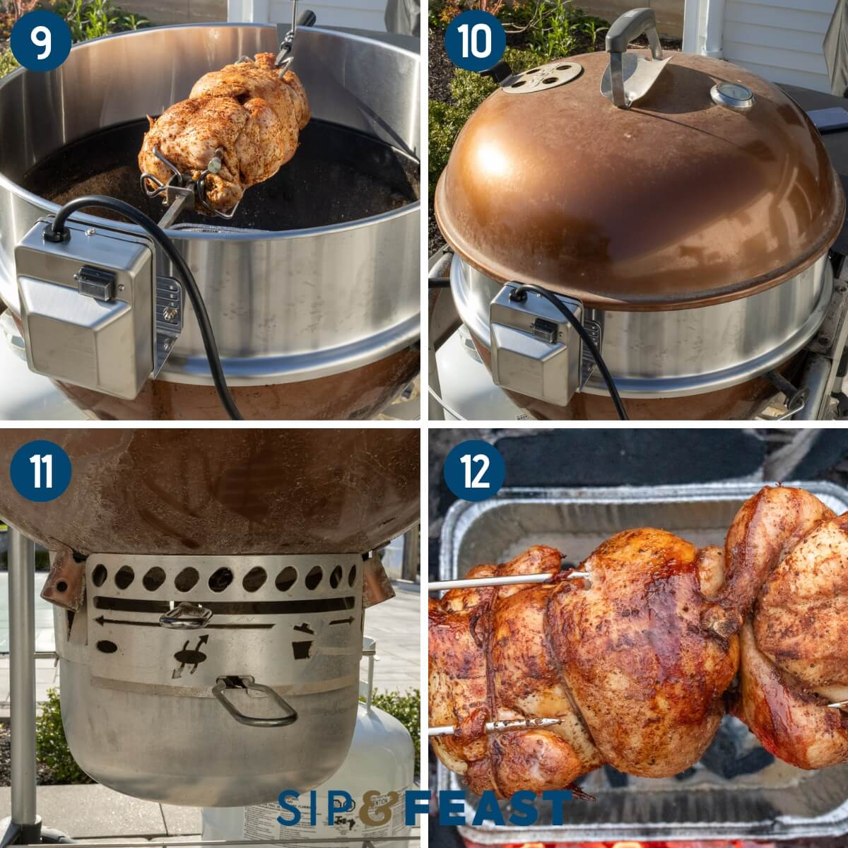 Collage three showing the rotisserie chicken turning on the weber attachment, covering the grill, showing the bottom damper, and the finished fully cooked rotisserie chicken.