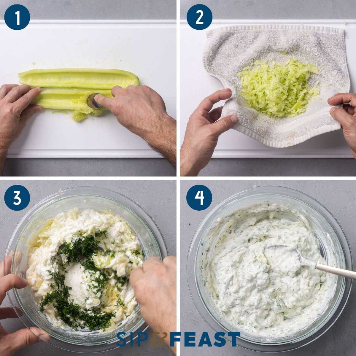 Tzatziki sauce process collage showing removing seeds from cucumbers, placing shredded cucumber in kitchen towel, and mixing the sauce together.