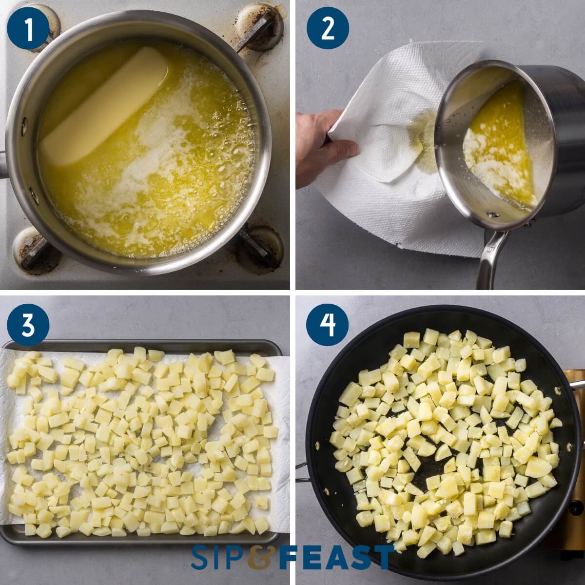 Recipe process shot collage group one showing melting butter, straining the solids, drying diced potatoes on paper towels, and frying the potatoes in oil.