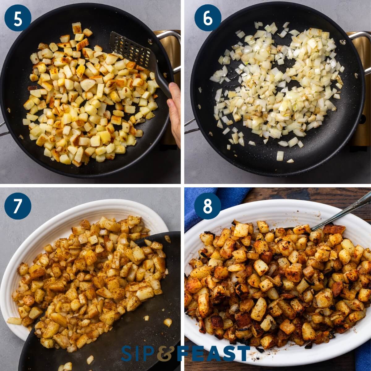 Collage two showing frying the potatoes, frying the onions, adding the potatoes and onions to a baking dish, and the finished homefries.