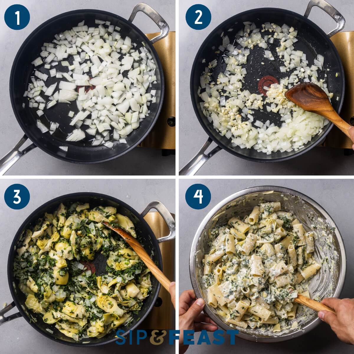 Recipe process shot collage group one showing sauteing onions and garlic, adding spinach and artichoke hearts, and mixing the pasta in a large bowl.