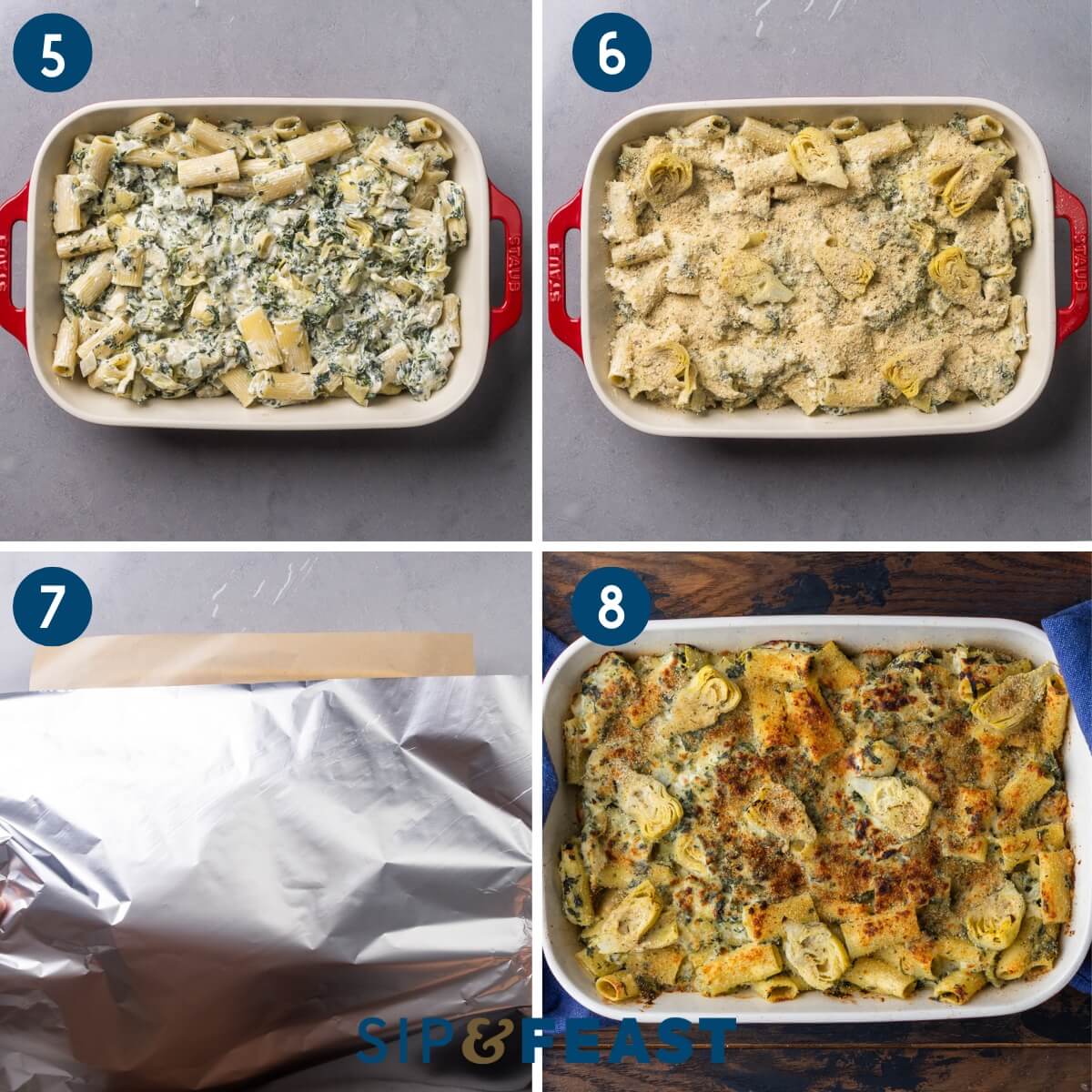 Collage two showing the contents in baking dish, topping with breadcrumbs, covering the dish with parchment paper and foil, and the finished baked artichoke spinach pasta.