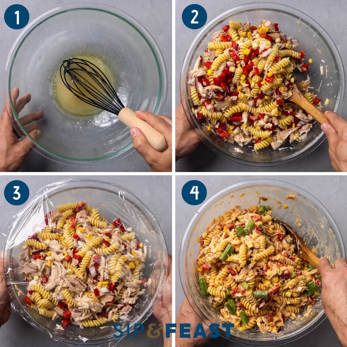 Recipe process shot collage showing mixing the brine, mixing the chicken, pasta, and vegetables into the brine, covering with plastic wrap, and mixing the mayonnaise into the salad.