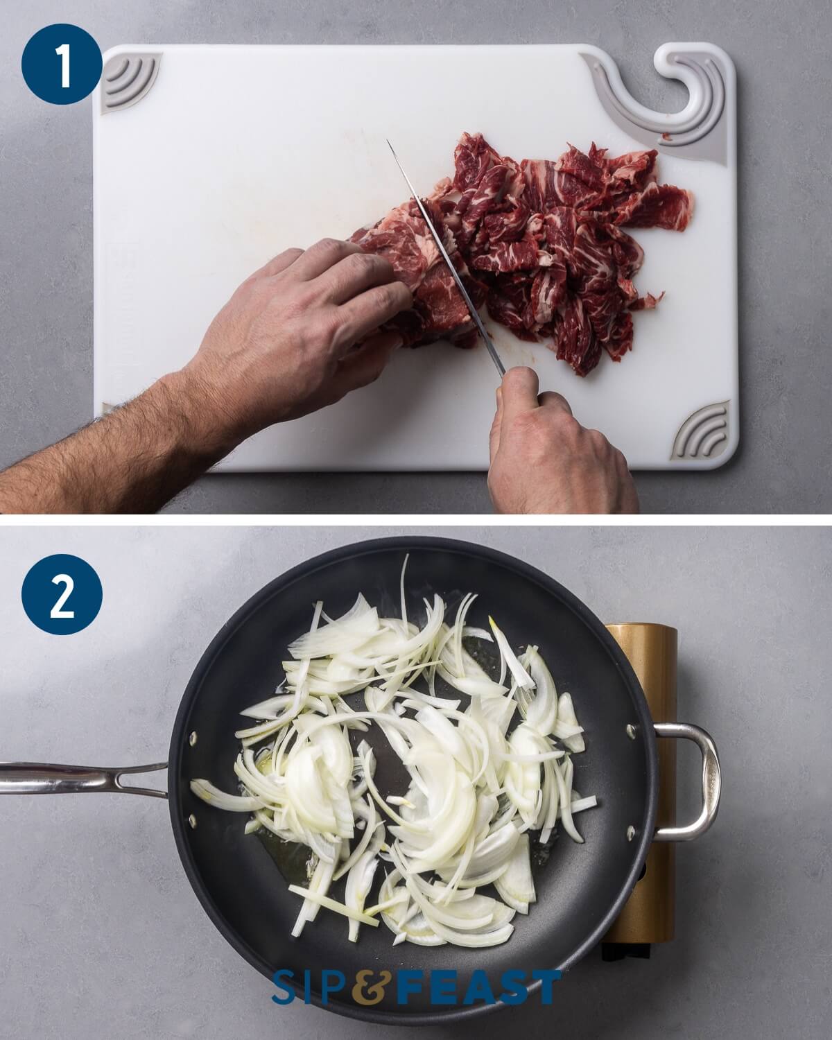 Recipe process shot collage group one showing slicing the beef and sauteing the onions.