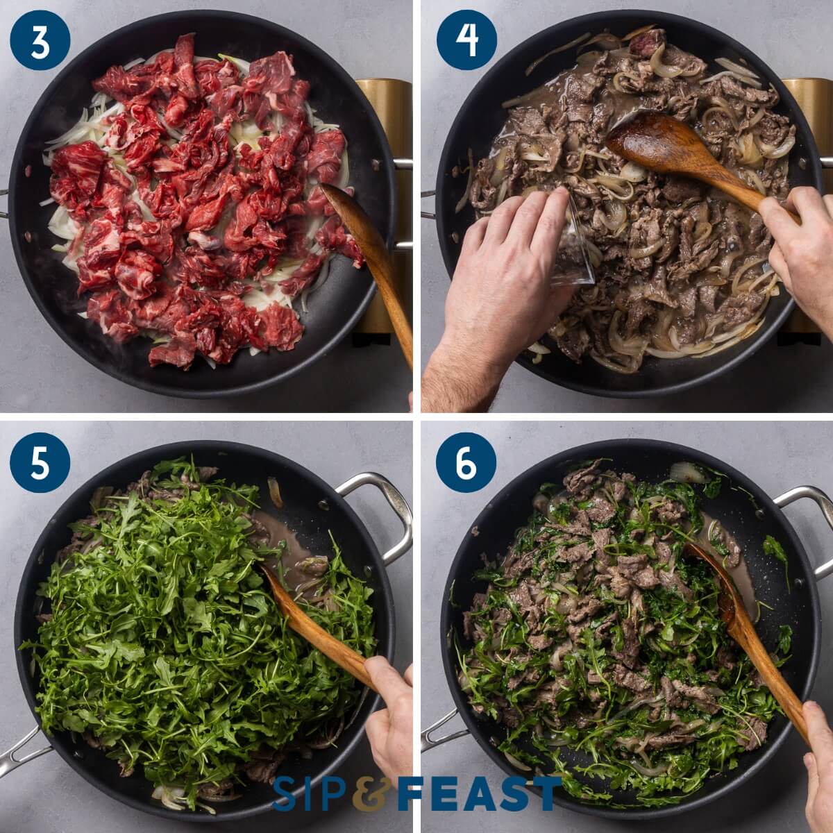 Collage two showing searing the beef, adding the wine, adding the arugula, and seasoning with salt and pepper.