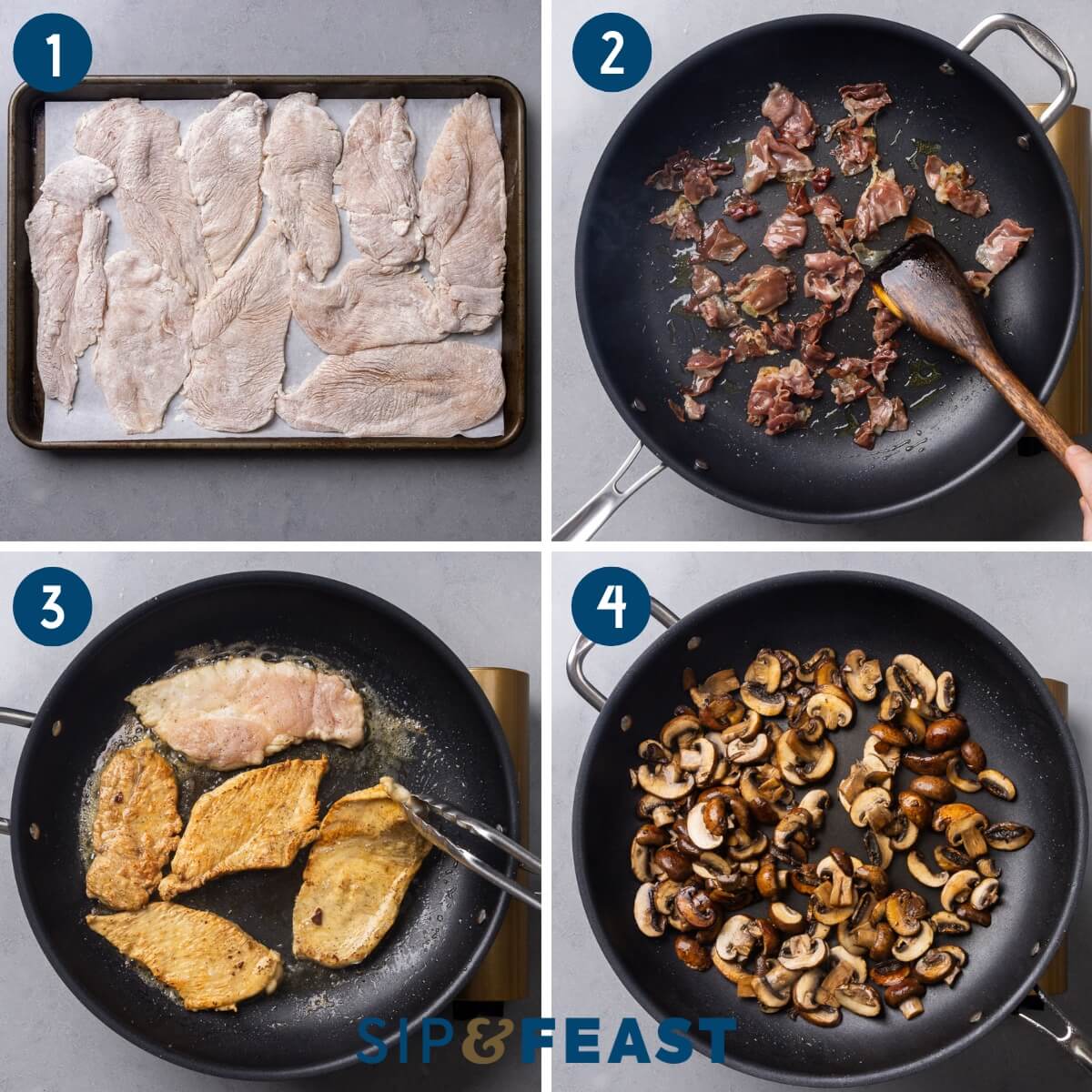 Recipe process shot collage group one showing the floured chicken, searing the prosciutto, searing the chicken, and sauteing mushrooms.