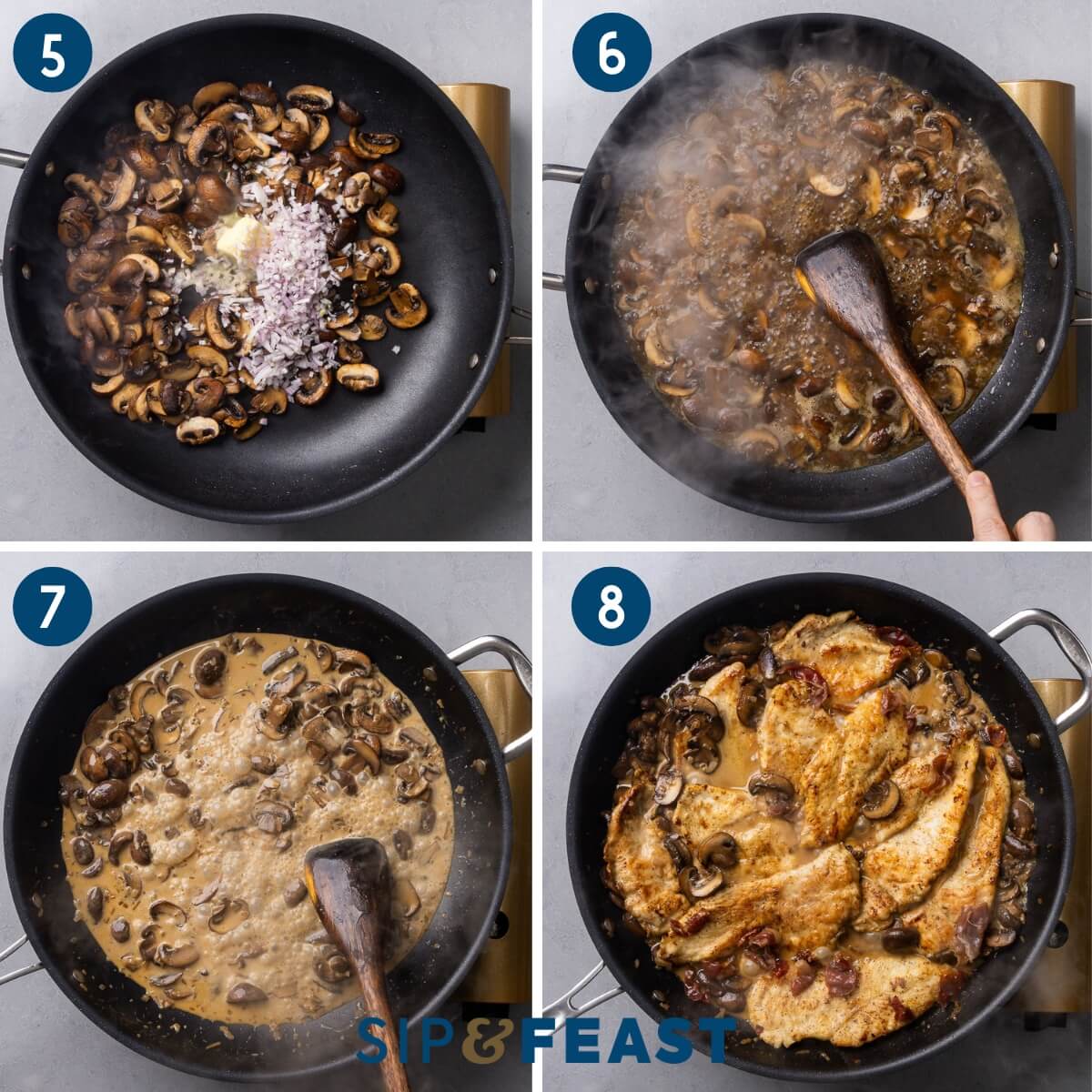 Collage two showing adding the shallots and butter to the pan, boiling the sauce, adding the cream, and adding the chicken back to the pan.