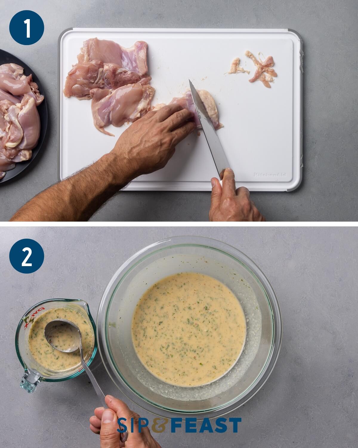Recipe process shot collage group one showing trimming the fat from the chicken thighs, and mixing the Italian dressing and separating into two bowls.