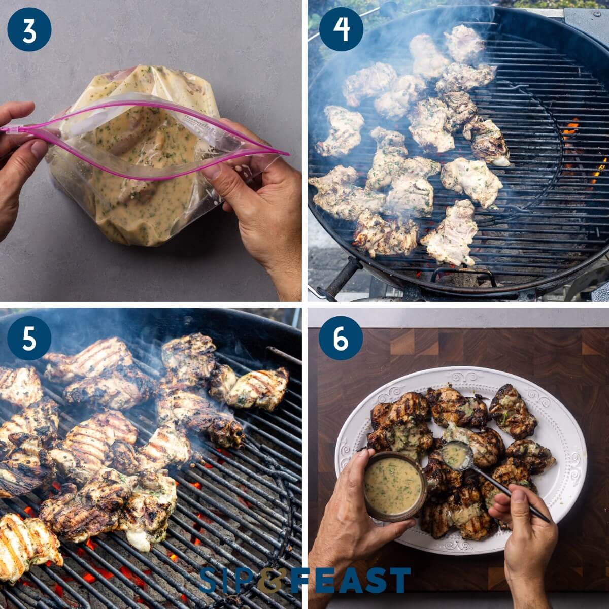Collage two showing marinating the chicken thighs with the dressing, grilling the thighs, and spooing the reserved dressing on top of the grilled thighs.