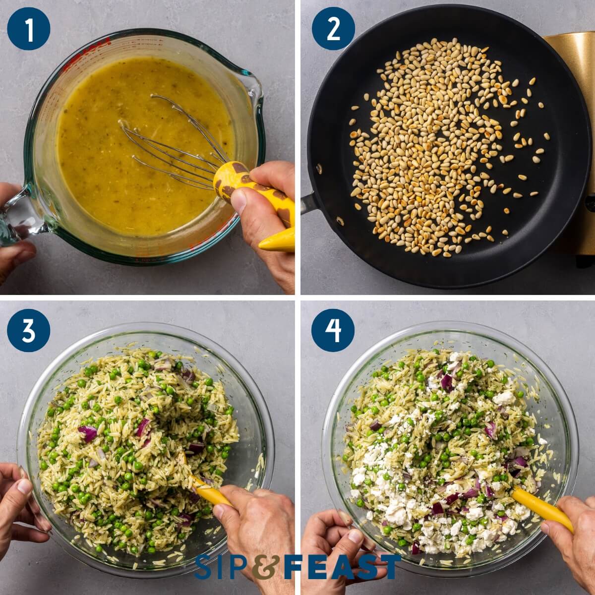 Recipe process shot collage showing making the lemon vinaigrette, toasting the pine nuts, tossing the salad, and mixing in the feta and pine nuts.