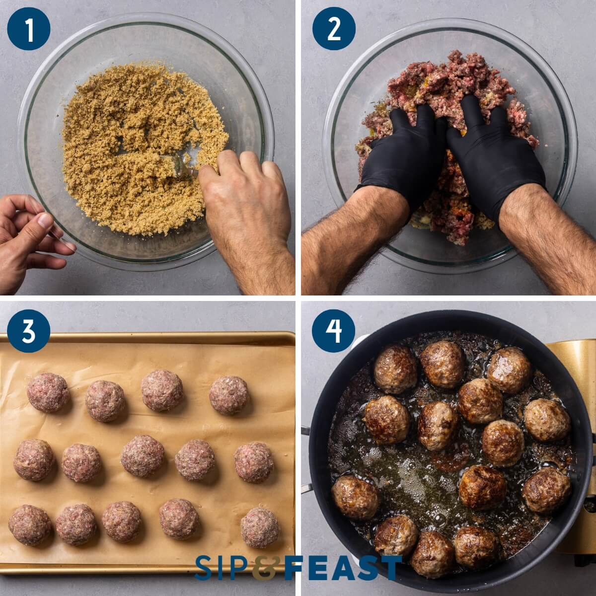 Recipe process shot collage group one showing making a panade, mixing the meatball mix, the formed meatballs, and frying the meatballs.