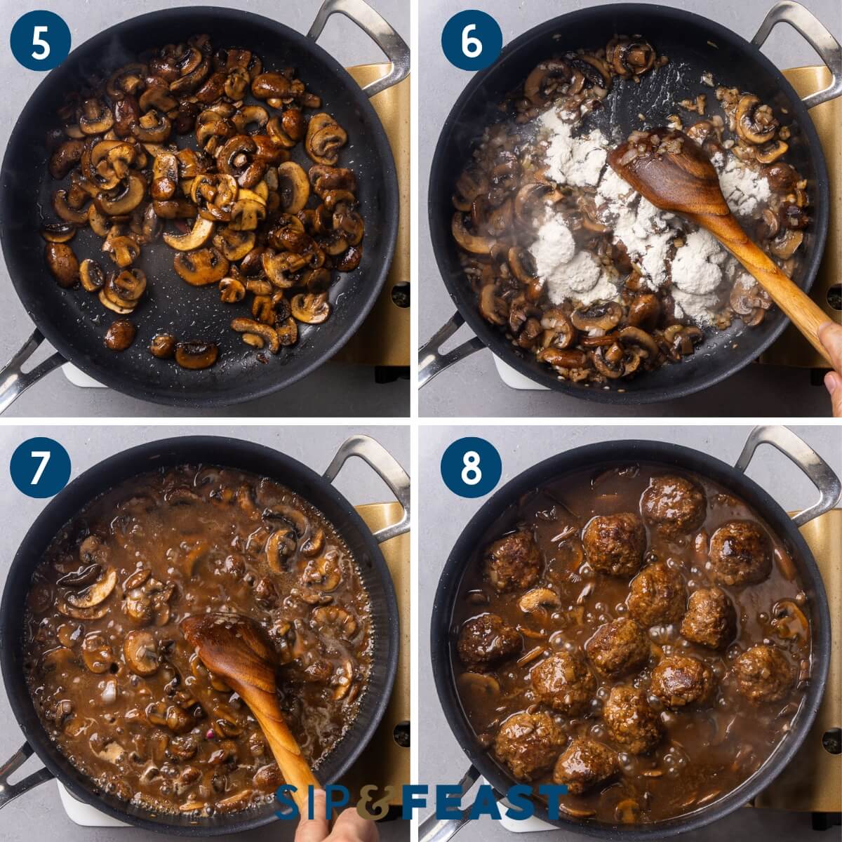 Collage two showing sauteing the mushrooms, adding the flour, making the sauce, and simmering the marsala meatballs in the sauce.