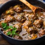 Pan with marsala meatballs.