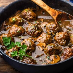 Pan with marsala meatballs.