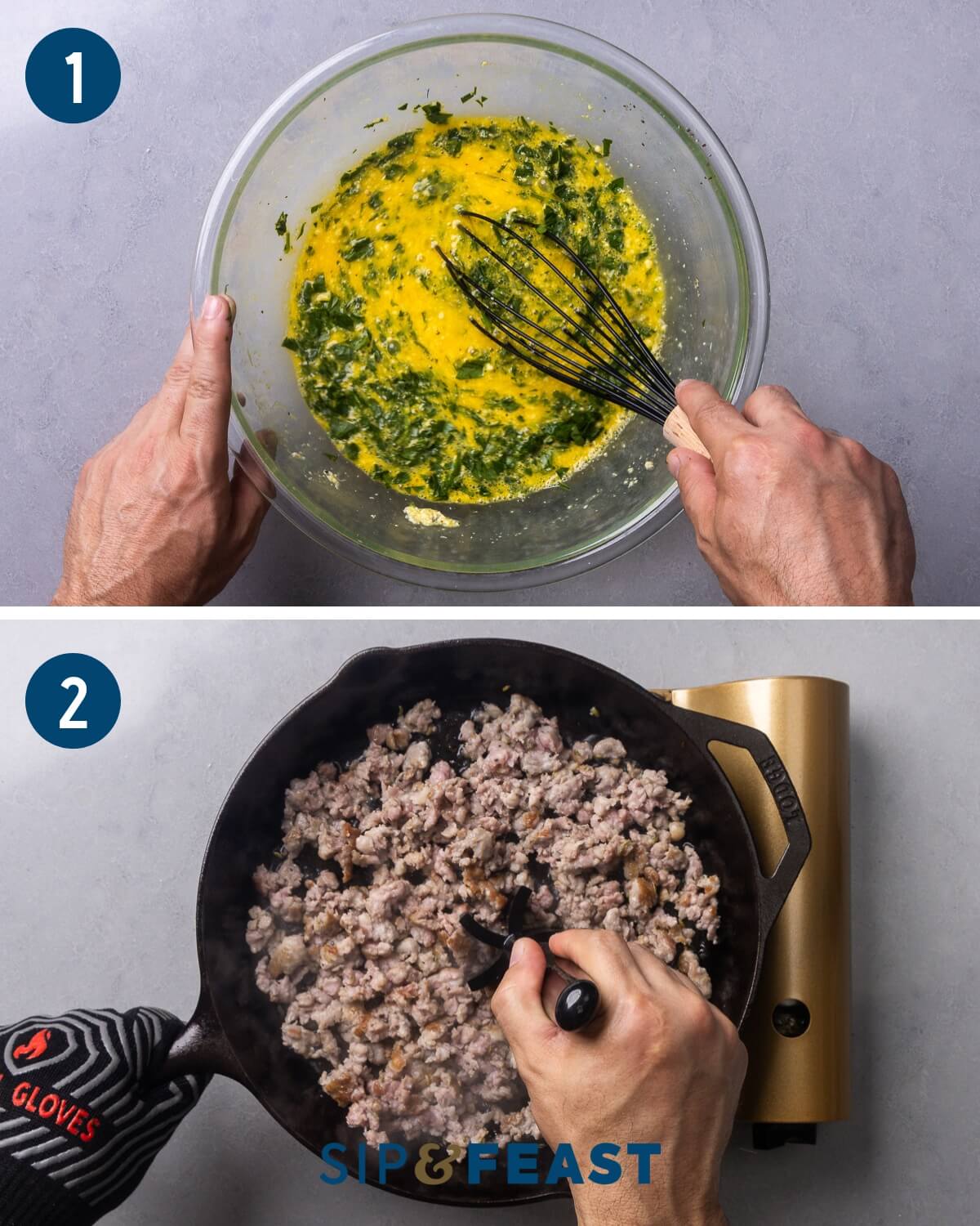 Recipe process shot collage group one showing beating eggs, parsley, and cheese and searing the Italian sausage.