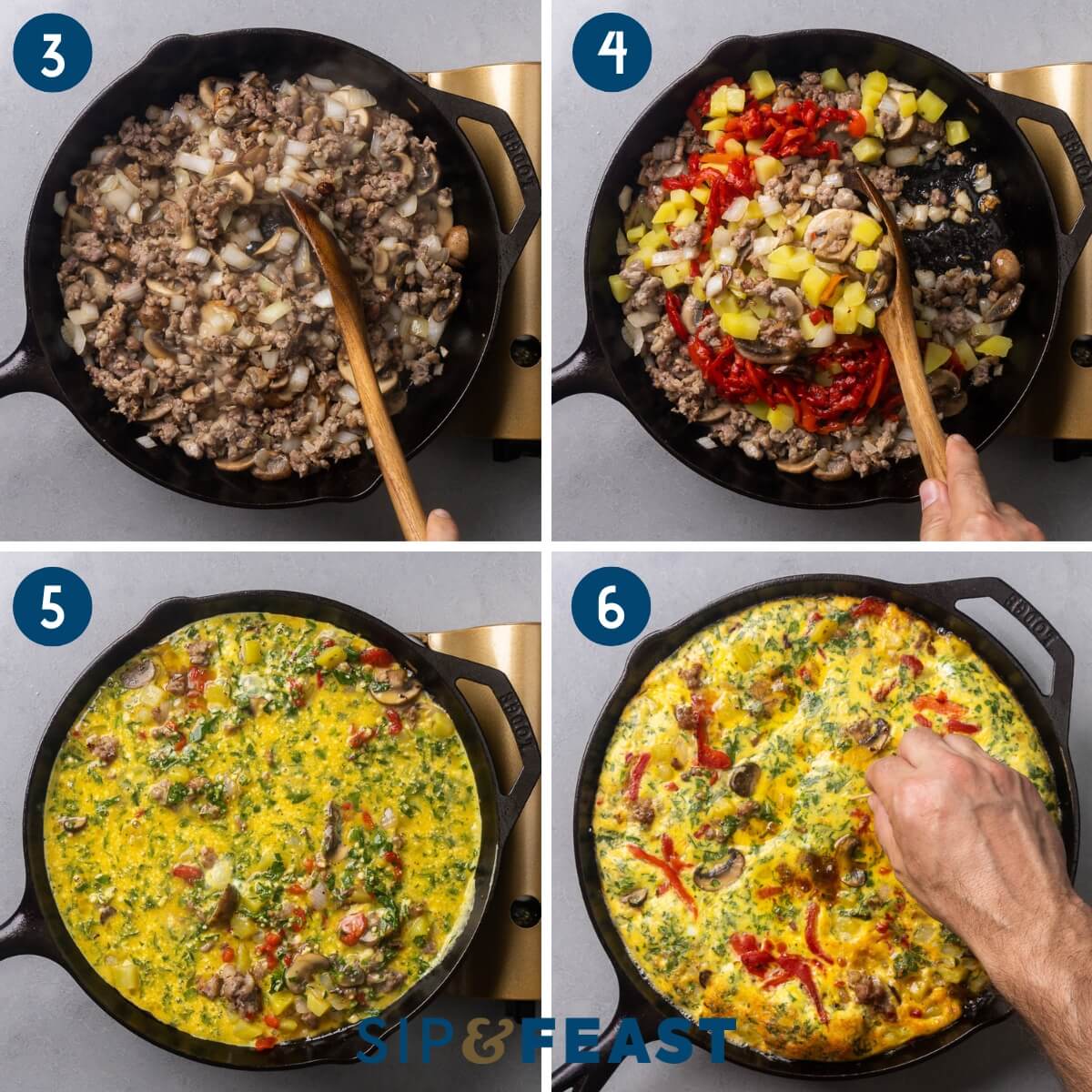 Collage two showing adding the onions to the sausage and mixing in the potatoes and roasted red peppers, pouring the egg mixture into pan, and testing the frittata for doneness.
